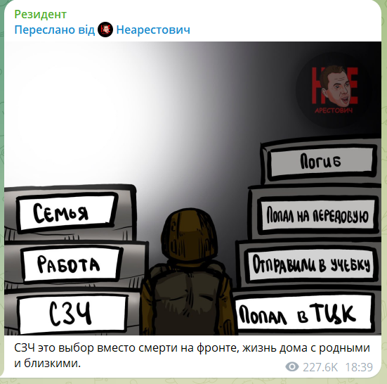 Wpis w Telegramie Rezydent: "SZCz (Samowolne Porzucenie Jednostki) to wybór zamiast śmierci na froncie, życie w domu z rodziną"