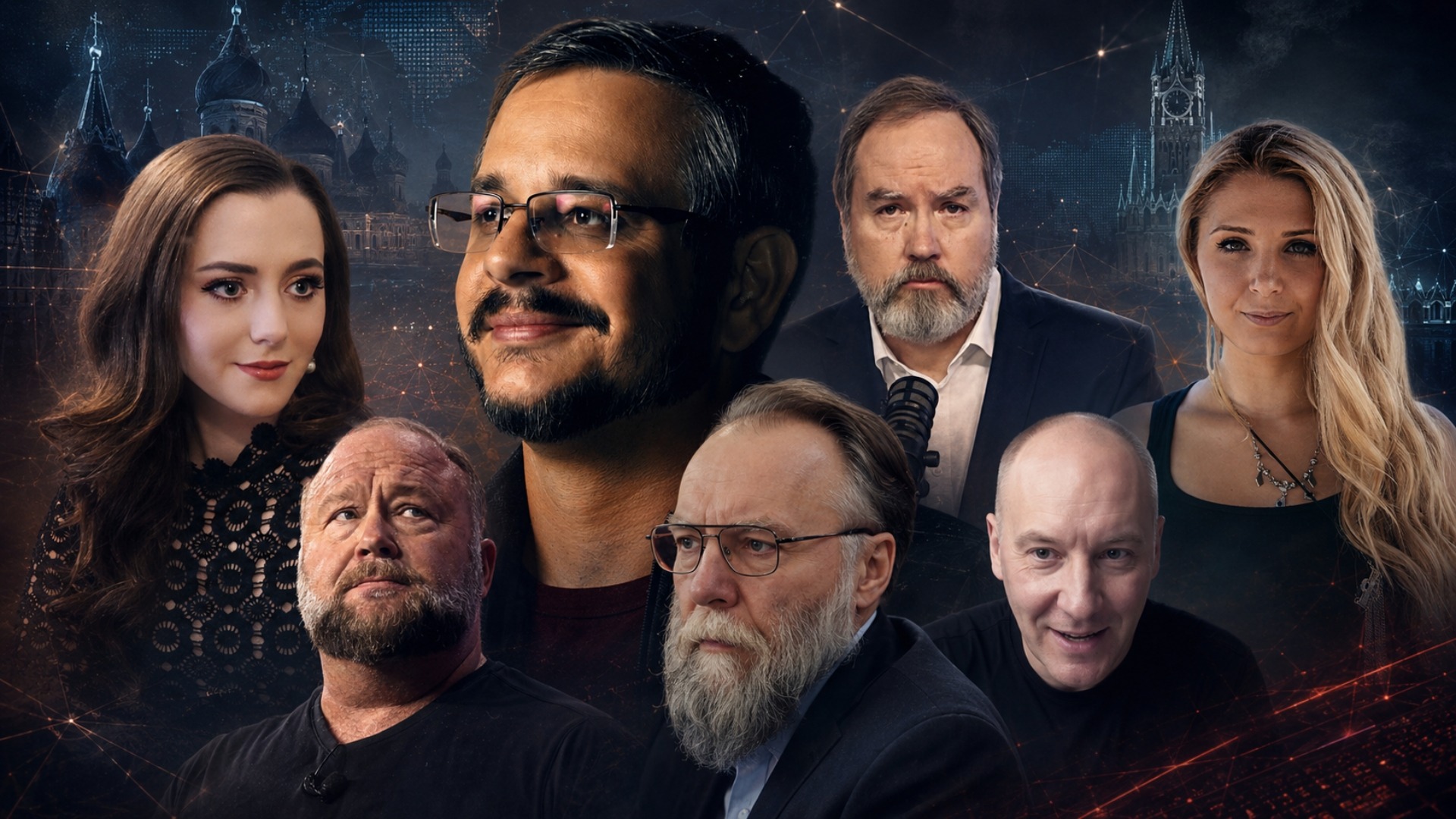 Aleksandr Dugin, Nick Land, Alex Jones, David Knight, Lauren Southern, Brittany Pettibone and Auron MacIntyre.