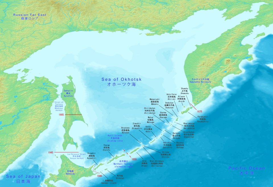 The map shows the entire Sea of Okhotsk, as well as Hokkaido, the Kuril Islands, the Kamchatka Peninsula, and Sakhalin (Karafuto). Map: DEMIS World Map Server / Artanisen.