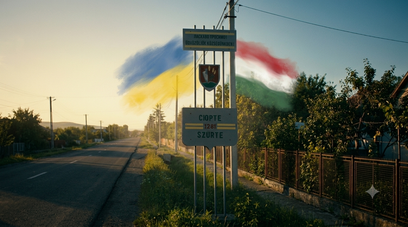 Знак в’їзду с. Сюрте. Згенеровано ШІ на основі реального фото