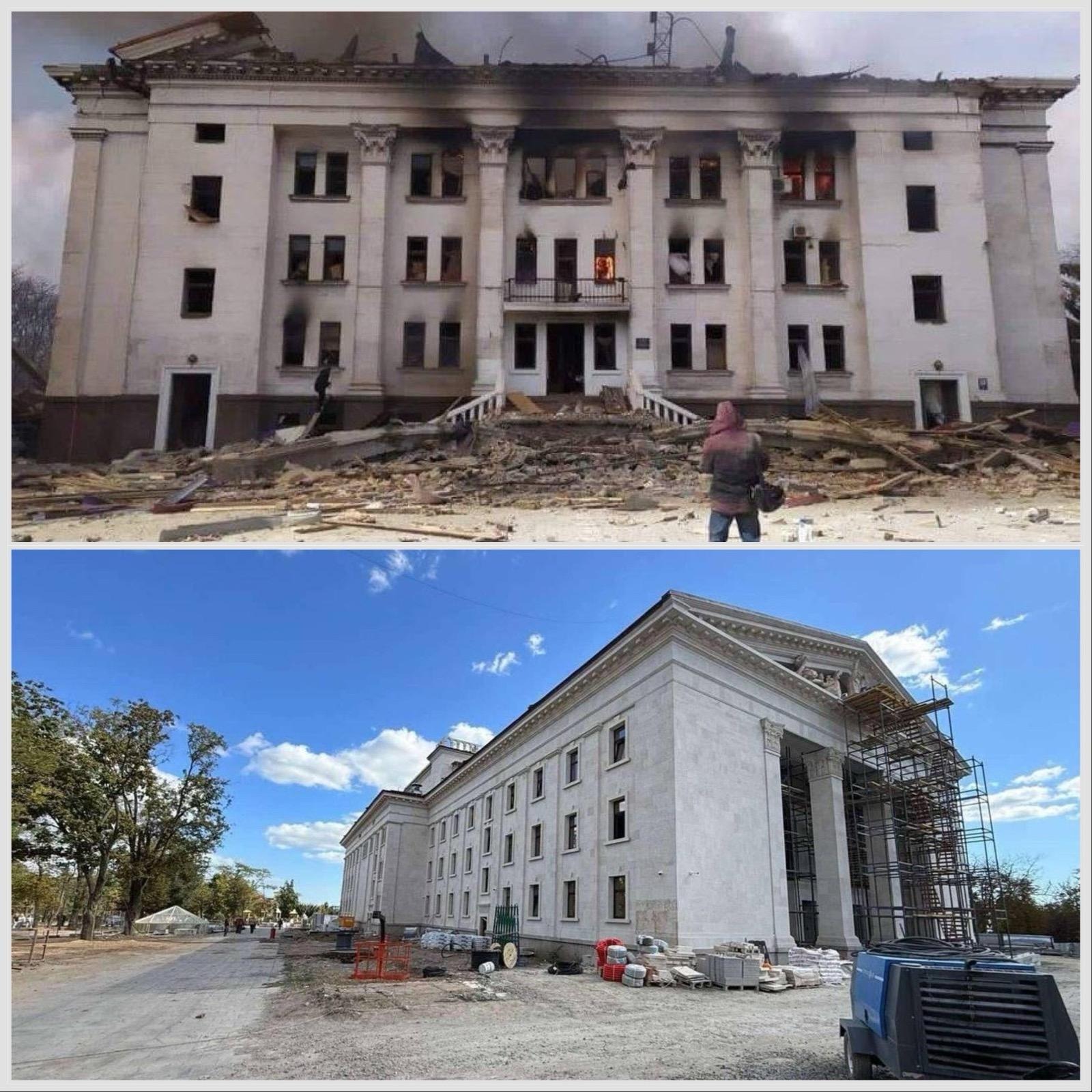 Photo: The building of the Donetsk Academic Regional Drama Theater in Mariupol in April 2022 and in the summer of 2025