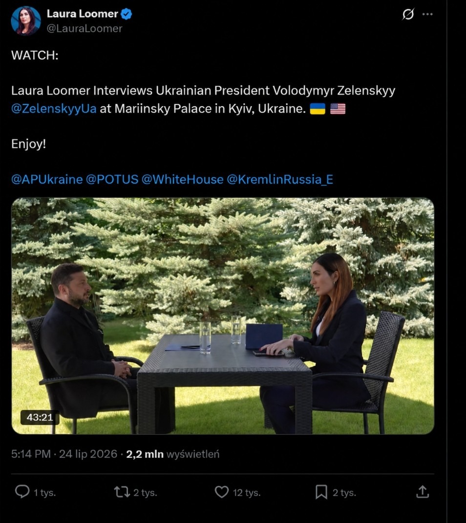Screenshot of Laura Loomer’s post on X announcing an interview with Ukrainian President Volodymyr Zelenskyy.