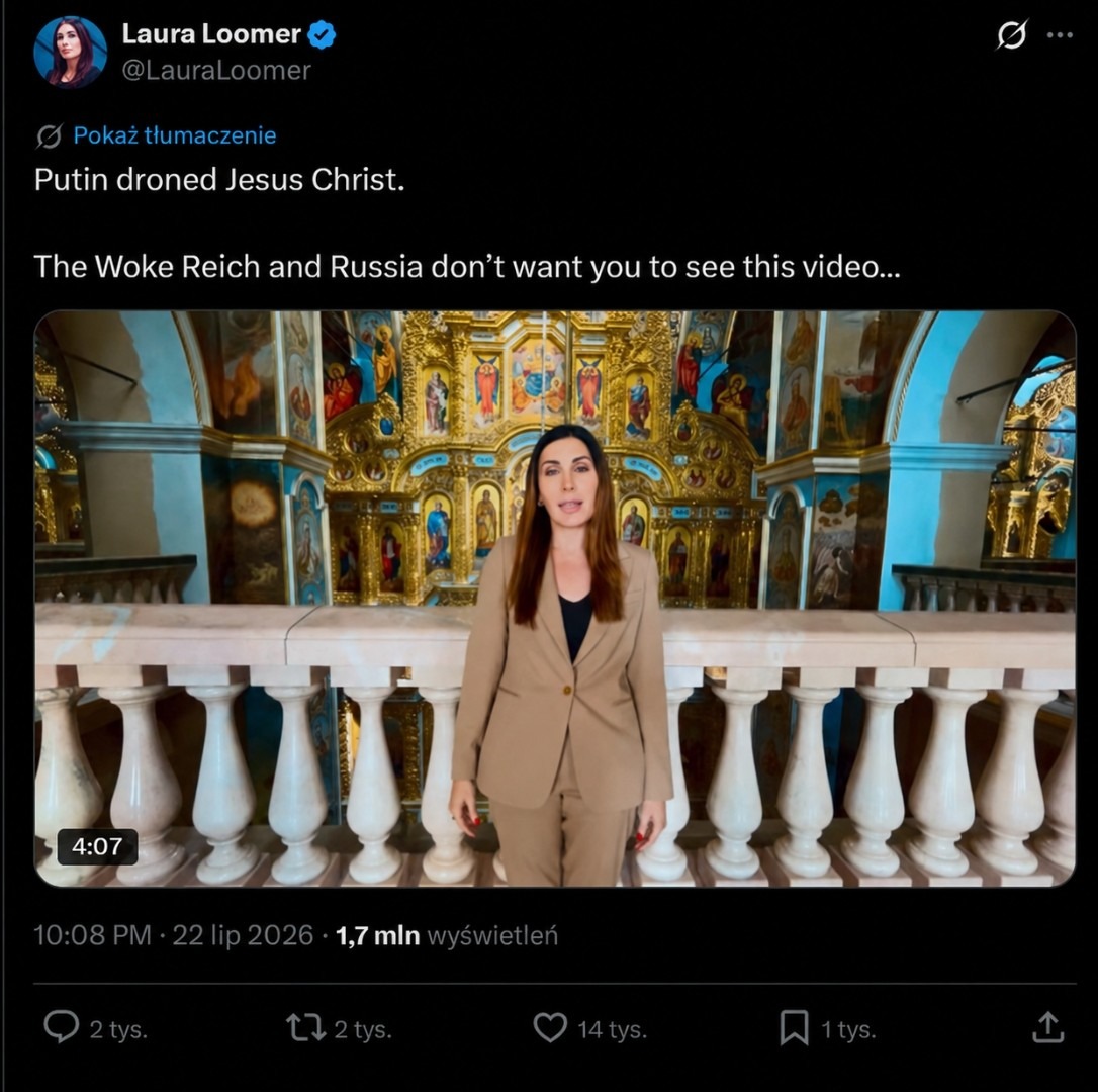 Screenshot of Laura Loomer’s post on X featuring video recorded inside the Kyiv-Pechersk Lavra’s Cathedral of the Dormition, which was struck by a Russian UAV.