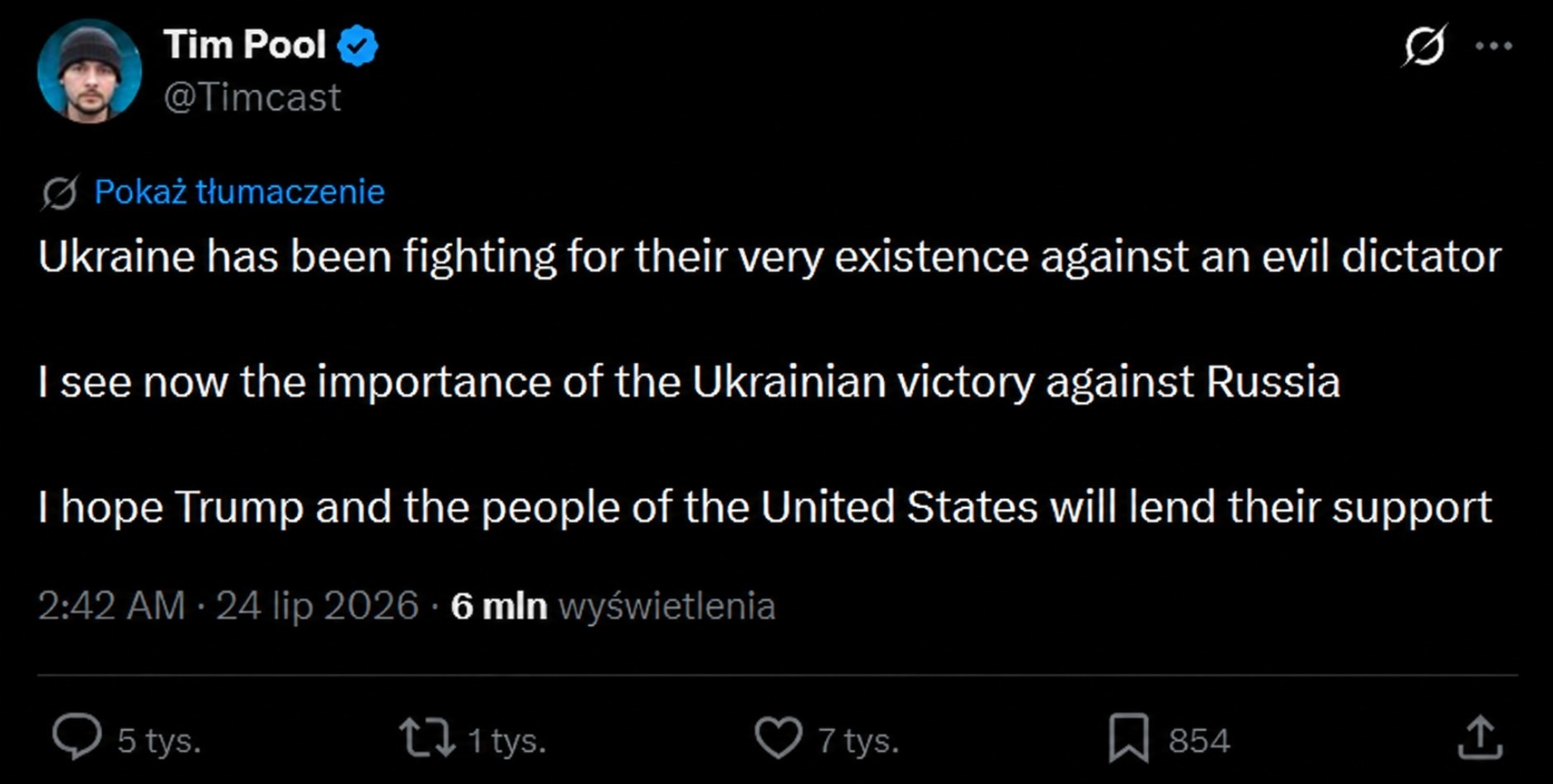 Screenshot of Tim Pool’s July 23, 2026 post on X, showing a dramatic shift in the commentator’s stance on Ukraine.