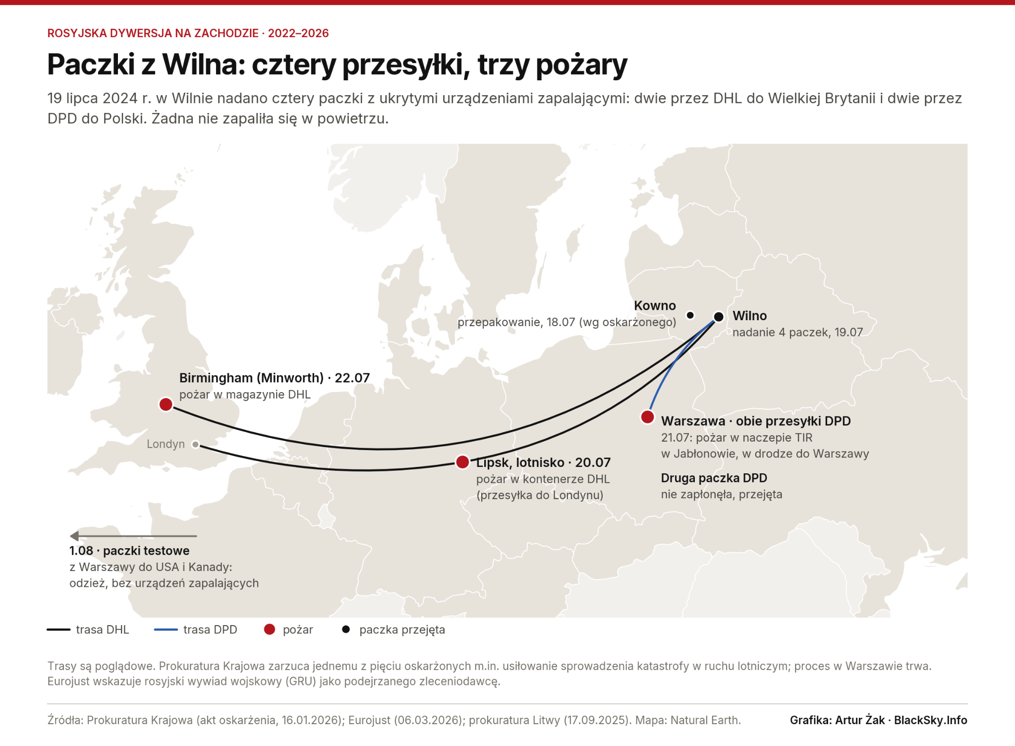 Mapa Europy z trasami przesyłek z Wilna do Lipska, Birmingham i Warszawy oraz miejscami trzech pożarów.