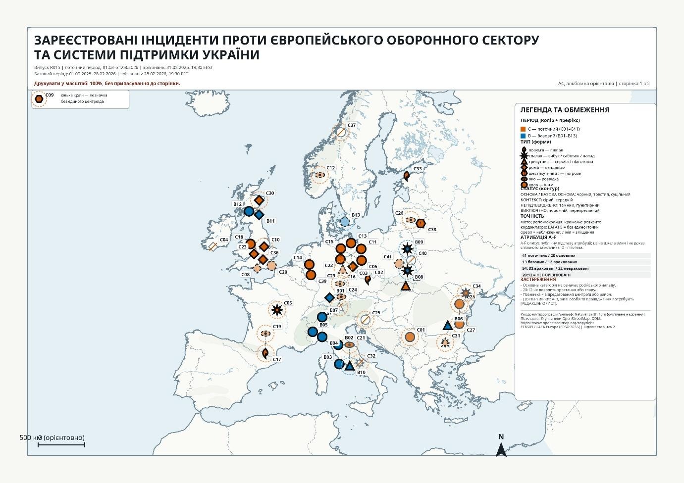 Карта ШІ — зареєстровані інциденти щодо європейського оборонного сектору та системи підтримки України. Графіка відображає повний реєстр із 54 записів, зокрема 41 — за поточний період. Аналіз у статті охоплює виключно 20 основних записів за період 1 березня — 31 серпня 2026 року.
