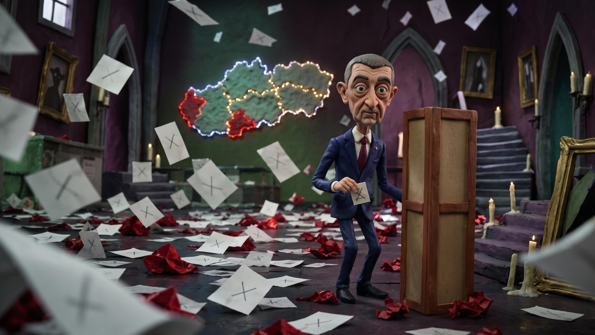 Andrej Babiš at a polling booth. Caricature created using AI