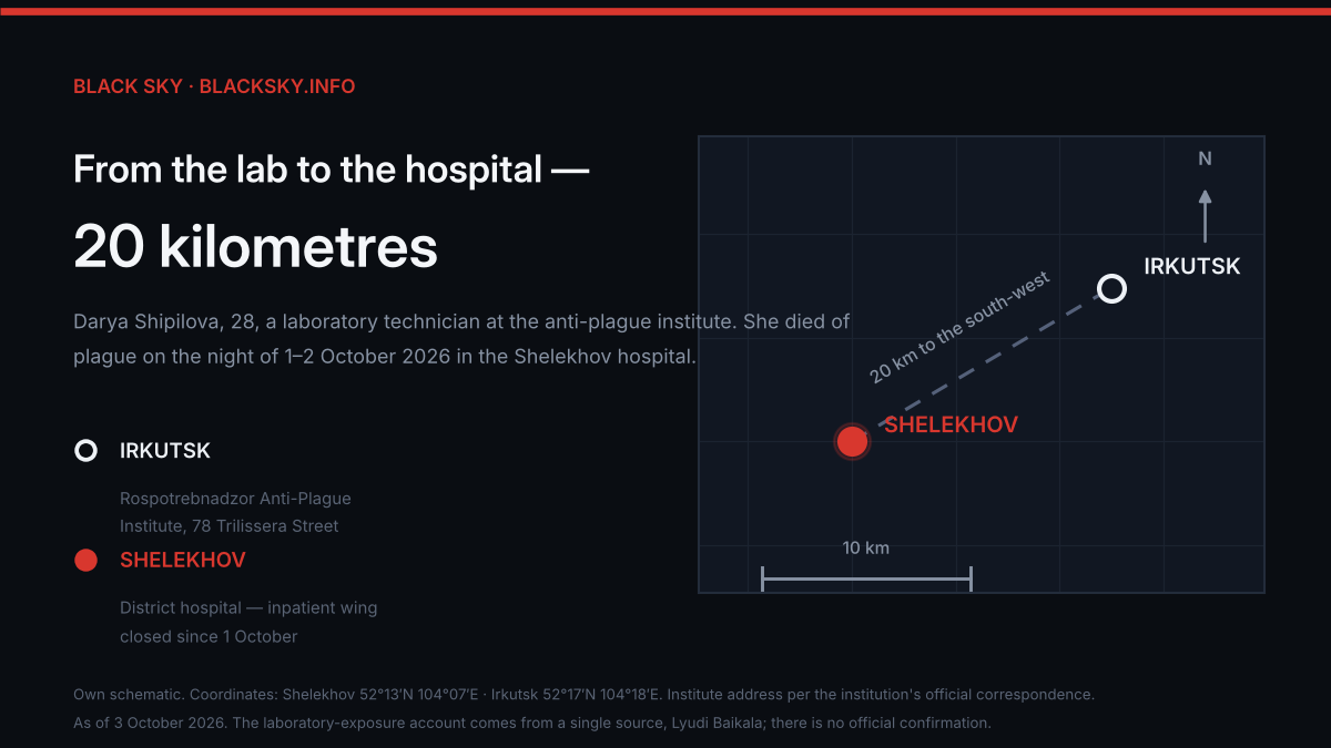 Dark information graphic. On the left, the headline “From the lab to the hospital – 20 kilometres” and a legend with two points. On the right, a scale diagram: a white marker for Irkutsk at the top, a red marker for Shelekhov below and to the left, joined by a dashed line labelled “20 km to the south-west”, next to it a north arrow and a 10 km scale bar.