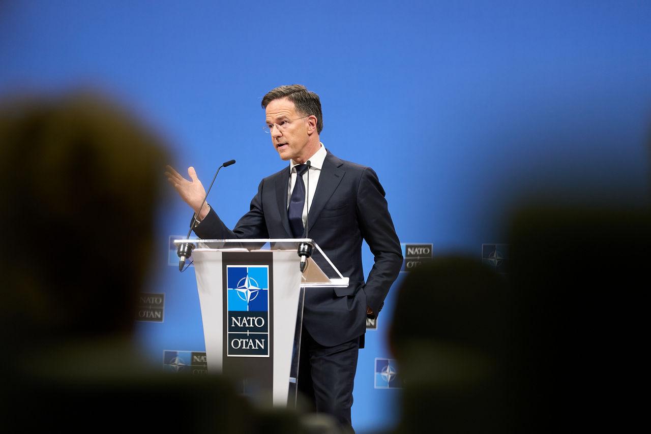 Mark Rutte, NATO Secretary General, at a press conference at Alliance headquarters in Brussels, February 2026.
