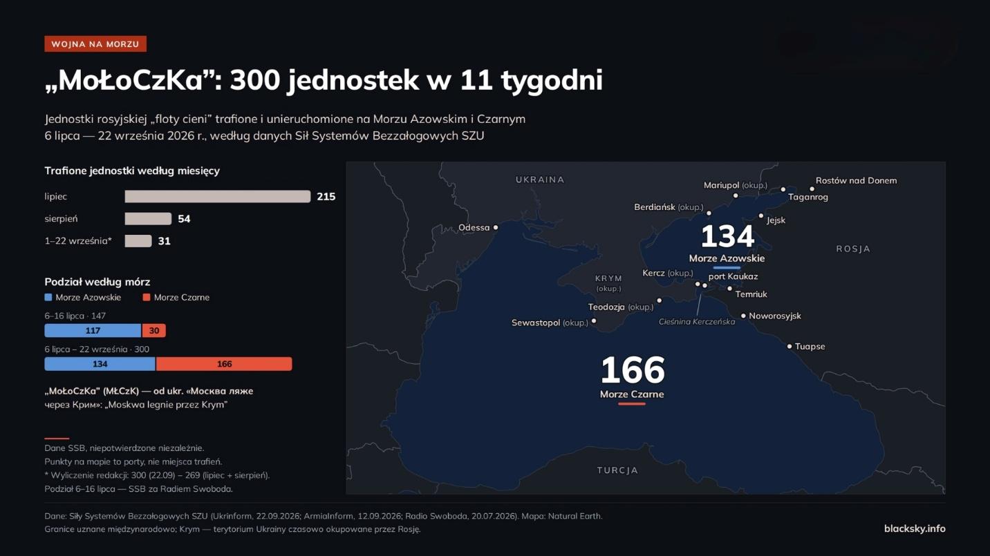 Mapa Morza Czarnego i Azowskiego: Cieśnina Kerczeńska, Odessa, okupowane Krym, Mariupol i Berdiańsk, porty na południu Rosji; liczniki 134 (Morze Azowskie) i 166 (Morze Czarne). Obok – trafione jednostki pływające w podziale na miesiące (lipiec 215, sierpień 54, 1–22 września 31) oraz rozkład według mórz (6–16 lipca: 117 i 30). Dane SBS bez niezależnego potwierdzenia.